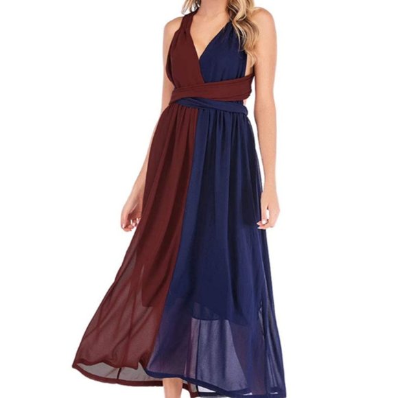 LAST 1 NWT Navy/Maroon Wrap Chiffon Maxi Dress - Picture 6 of 6